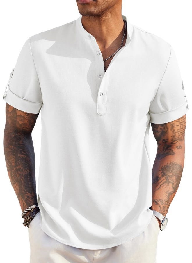 COOFANDY Men's Casual Henley Shirt Short Sleeve Band Collar Linen Shirt Summer Beach Hippie T-Shirts, S - Image 1