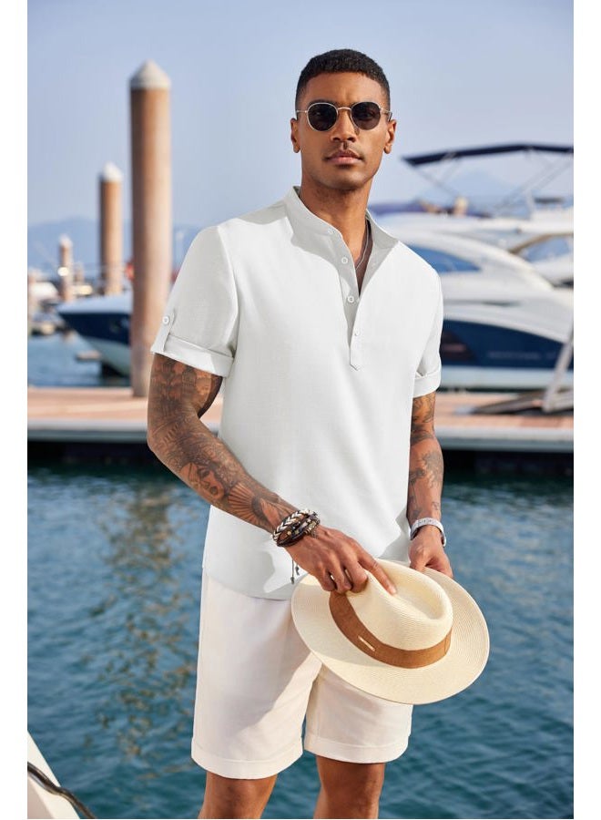 COOFANDY Men's Casual Henley Shirt Short Sleeve Band Collar Linen Shirt Summer Beach Hippie T-Shirts, S - Image 4