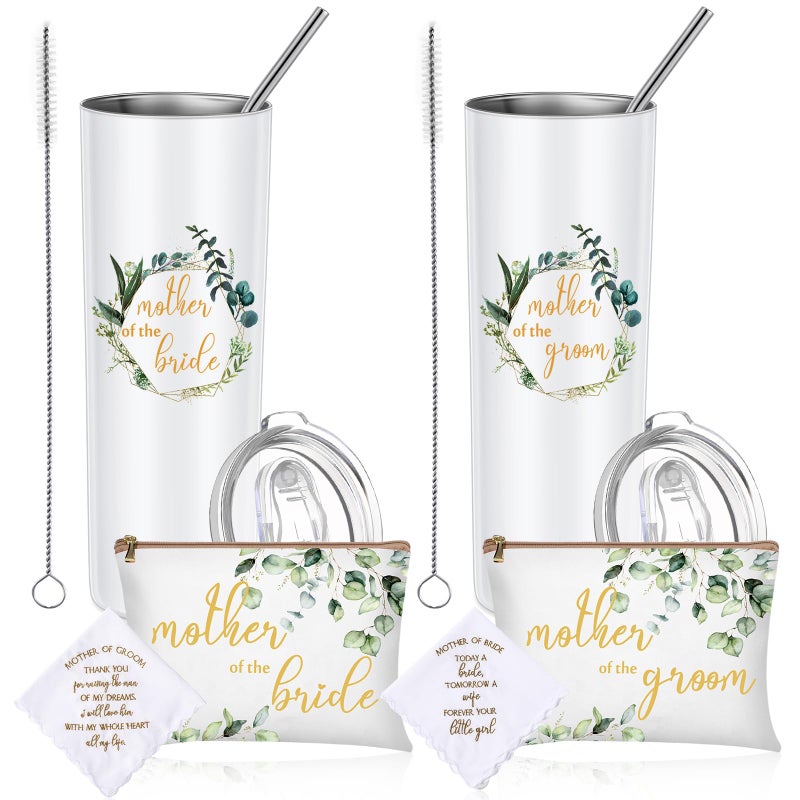 Sieral 6 Pack Mother of the Groom and Bride 20 oz Mug Tumblers Cup Wedding Gifts Mother of Bride and Groom Makeup Bag Mom Cosmetic Bag Handkerchief for Wedding Engagement Favor GiftsEucalyptus
