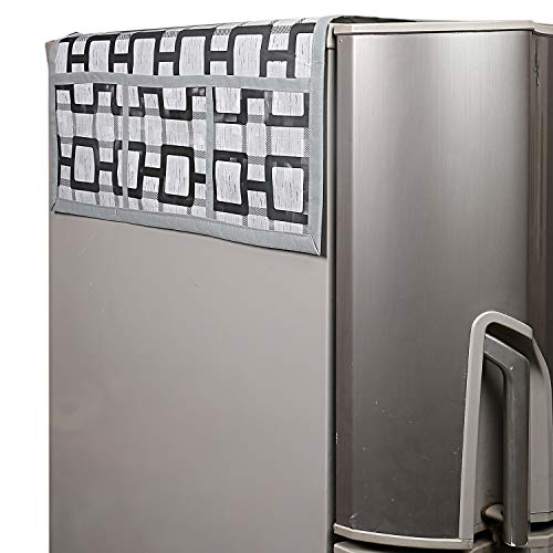 Kuber Industries Fridge Top Cover|Checks Print & Water Resistant PVC Material|6 Utility Side Pockets With Plain Border|Size 98 x 55 CM, Pack of 1 (Grey) - Image 2