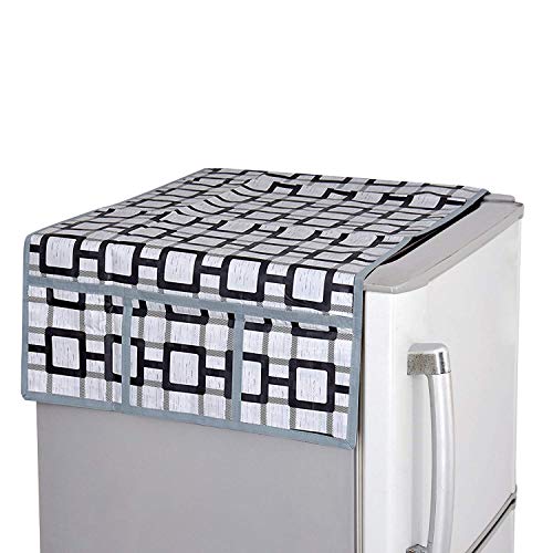 Kuber Industries Fridge Top Cover|Checks Print & Water Resistant PVC Material|6 Utility Side Pockets With Plain Border|Size 98 x 55 CM, Pack of 1 (Grey) - Image 1