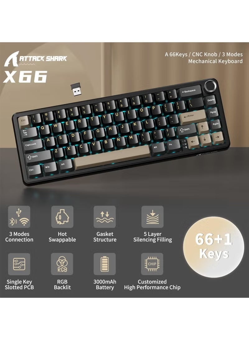 Attack Shark X66 Wireless Mechanical Gaming Keyboard with Knob,Tri Mode USB-C/BT5.0/2.4G Gasket Mounted 60% RGB Gaming Keyboard, Side Printed PBT Keycap,Hot Swappable Strawberry Switch - Image 2