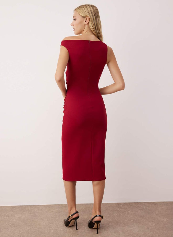 trendyol Burgundy Plain Bodycon Shirred / Drape Midi Woven Dress - Image 4