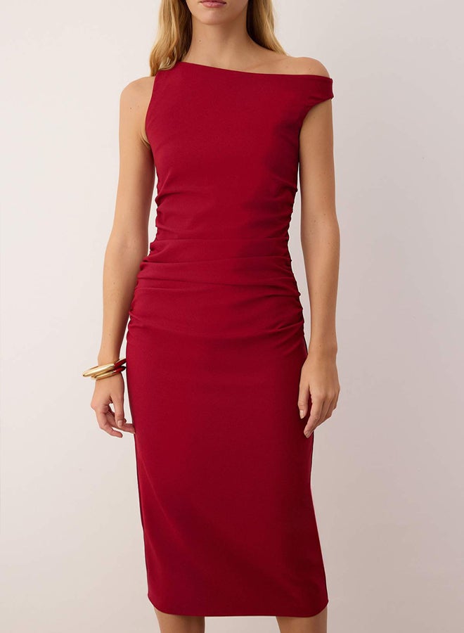 trendyol Burgundy Plain Bodycon Shirred / Drape Midi Woven Dress - Image 3