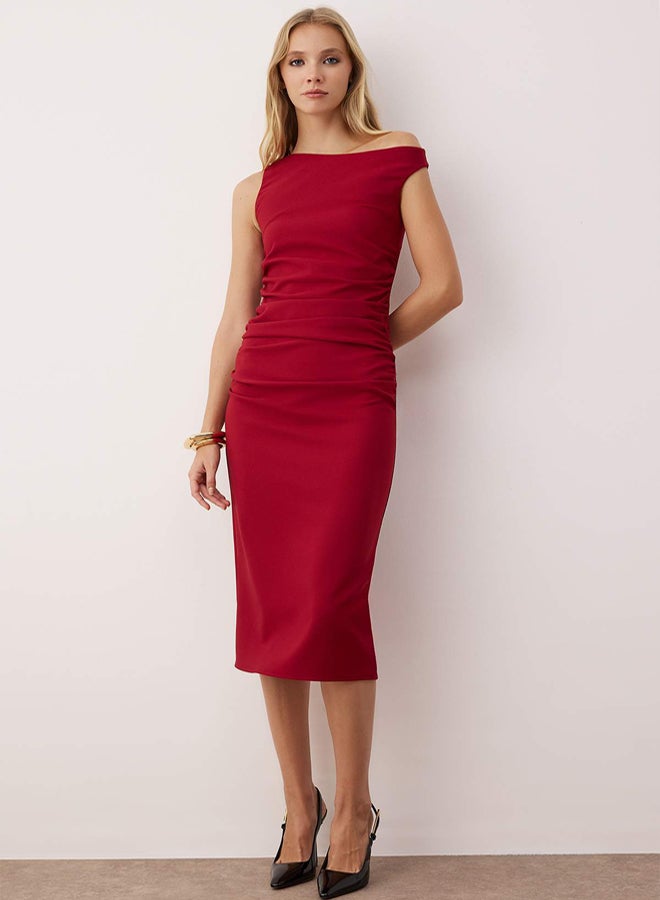 trendyol Burgundy Plain Bodycon Shirred / Drape Midi Woven Dress - Image 1