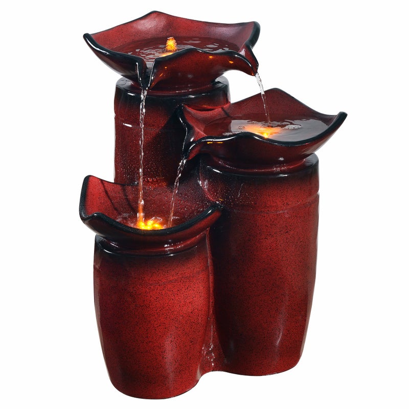 Teamson Home Teamson Home 3 Tiered Floor Water Glazed Pots Fountain with LED Lights and Pump for Outdoor Patio Garden Backyard Decking Dcor 20 inch Height Gradient Red 