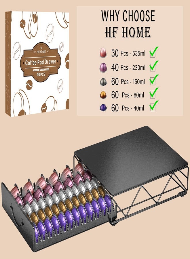 HFHOME Coffee Pod Holder Drawer Compatible with Nespresso - 40 Large or 60 Small VertuoLine Pods - Black Metal Coffee Capsule Storage Organizer for Vertuo - Coffee Capsule Holder for Kcup Home Kitchen - Image 2