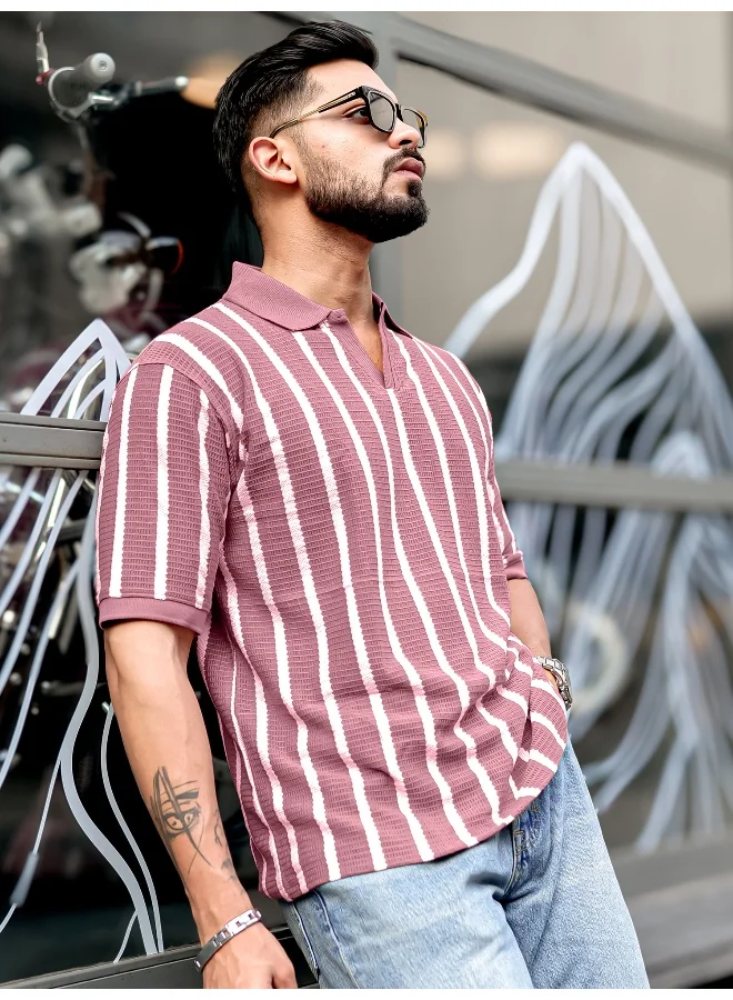 Maniac Maniac Men Vertical Stripe Polo Neck 3/4th Sleeve Onion PolyCotton Oversized T-Shirt