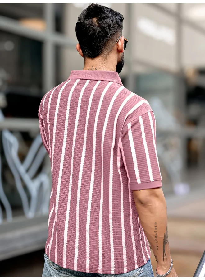 Maniac Maniac Men Vertical Stripe Polo Neck 3/4th Sleeve Onion PolyCotton Oversized T-Shirt