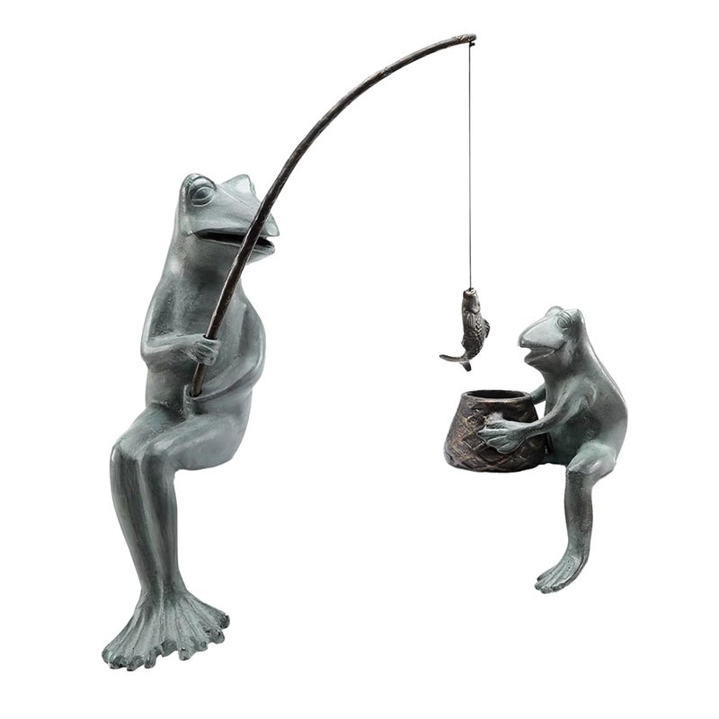 SPI Home Cast Aluminum Fishing Frog Mama  Baby Garden Sculpture