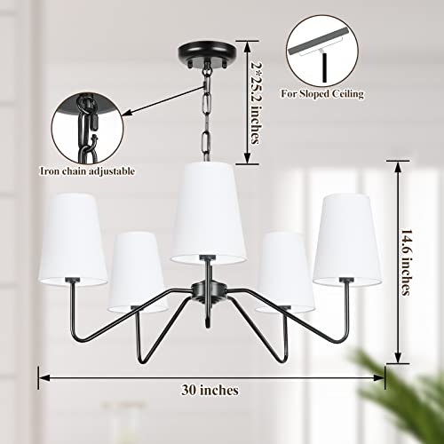 Bosceos 5-Light 30” Modern Chandelier with White Shades, Classic Pendant Ceiling Light Fixture for Dining Room, Black Chandelier with E12 Base Hanging Lamp for Living Room Hallway Bedroom, Height Adjustable - Image 3