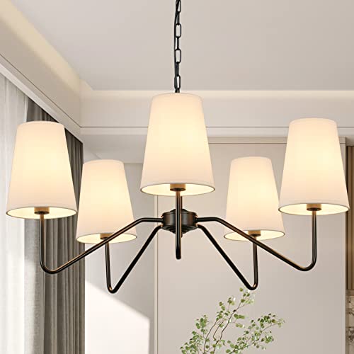 Bosceos 5-Light 30” Modern Chandelier with White Shades, Classic Pendant Ceiling Light Fixture for Dining Room, Black Chandelier with E12 Base Hanging Lamp for Living Room Hallway Bedroom, Height Adjustable - Image 1