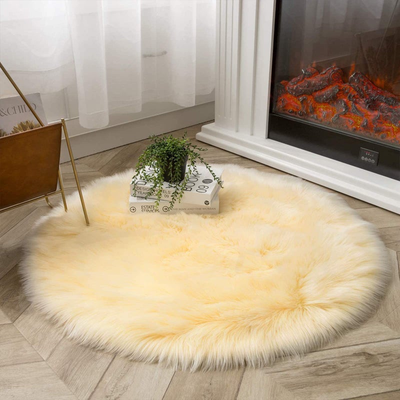 Latepis Yellow Round Rug 3ft Small Circle Faux Sheepskin Fur Rug Fluffy Boho Plush Rug Cute Furry Rugs for Bedroom Cushion Home Decor - Image 2