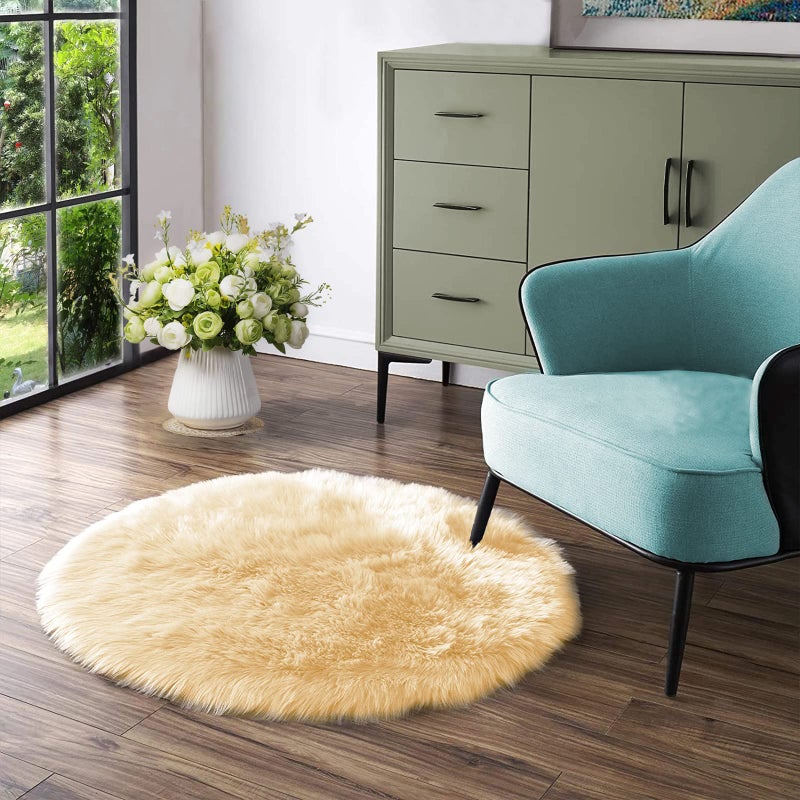 Latepis Yellow Round Rug 3ft Small Circle Faux Sheepskin Fur Rug Fluffy Boho Plush Rug Cute Furry Rugs for Bedroom Cushion Home Decor - Image 1