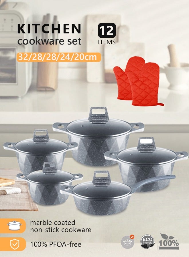 HK 12-Piece Kitchen Cookware set, Casserole Set And Frying Pan With Non Stick Cookware sets ,Finish Glass lid PFOA-Free  20-24-28-32 cm (Deep Stockpot) + 28 cm (deep Frying Pan)+ Pair Of Gloves（Grey） - Image 1