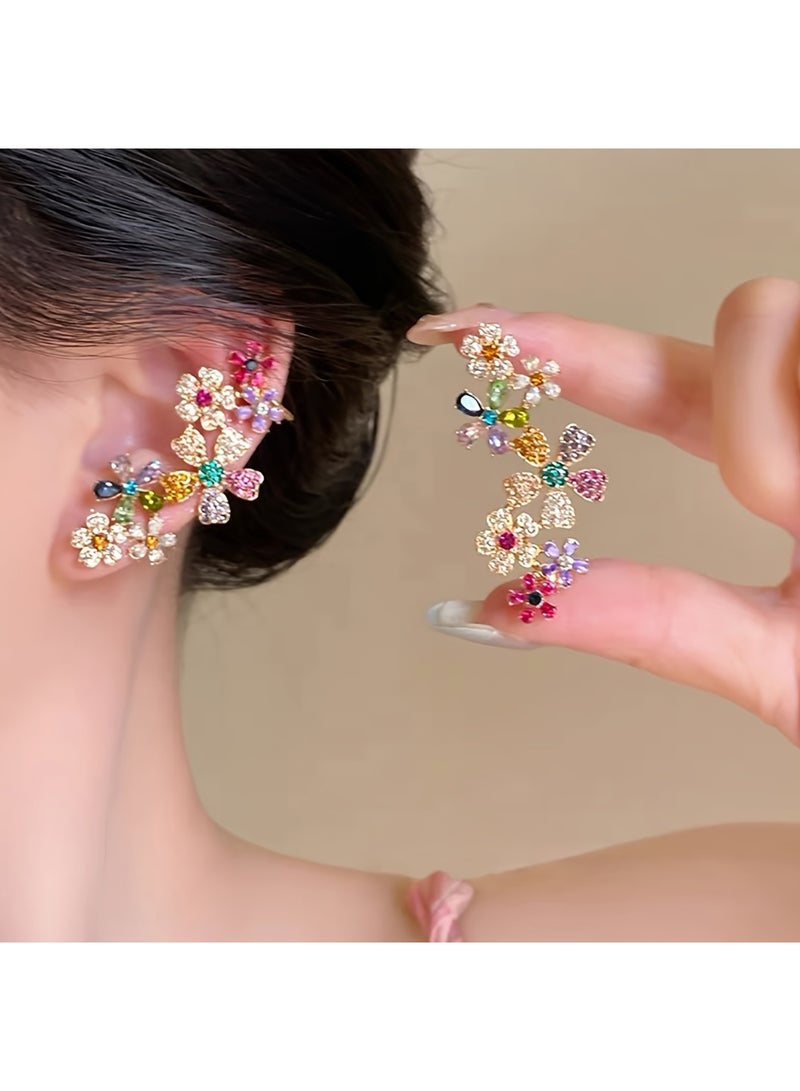 KHAJUL 1PC Flower Earrings, Exquisite Petal Design Earrings with Multicolor Crystals, Two-Way Stud and Cartilage Climber Ear Cuff for Women, Fashion Earrings in Gold Tone - Image 5