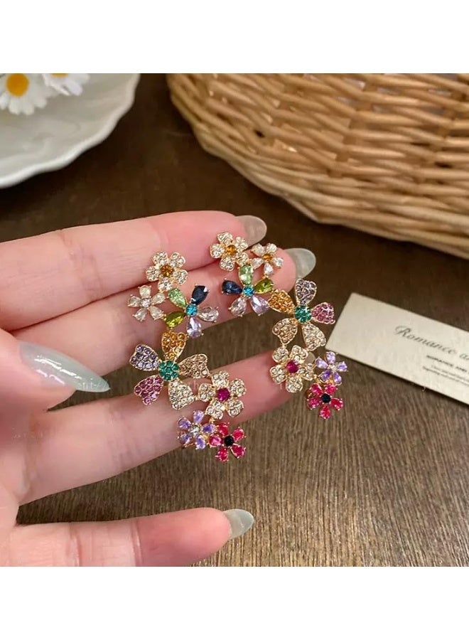 KHAJUL 1PC Flower Earrings, Exquisite Petal Design Earrings with Multicolor Crystals, Two-Way Stud and Cartilage Climber Ear Cuff for Women, Fashion Earrings in Gold Tone - Image 2