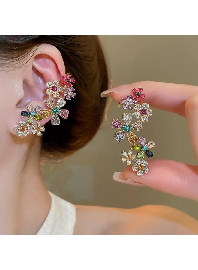 KHAJUL 1PC Flower Earrings, Exquisite Petal Design Earrings with Multicolor Crystals, Two-Way Stud and Cartilage Climber Ear Cuff for Women, Fashion Earrings in Gold Tone - Image 1