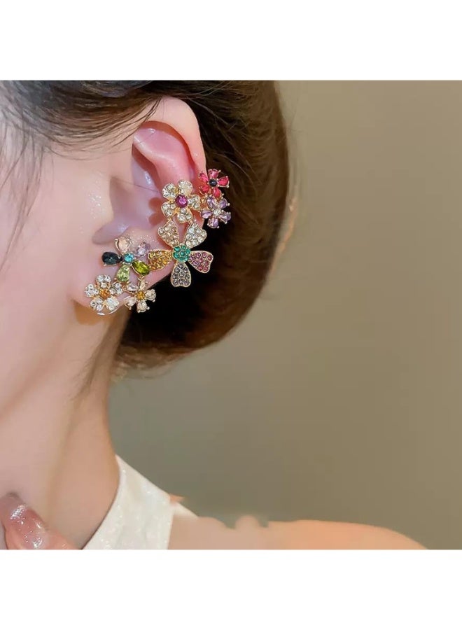 KHAJUL 1PC Flower Earrings, Exquisite Petal Design Earrings with Multicolor Crystals, Two-Way Stud and Cartilage Climber Ear Cuff for Women, Fashion Earrings in Gold Tone - Image 4