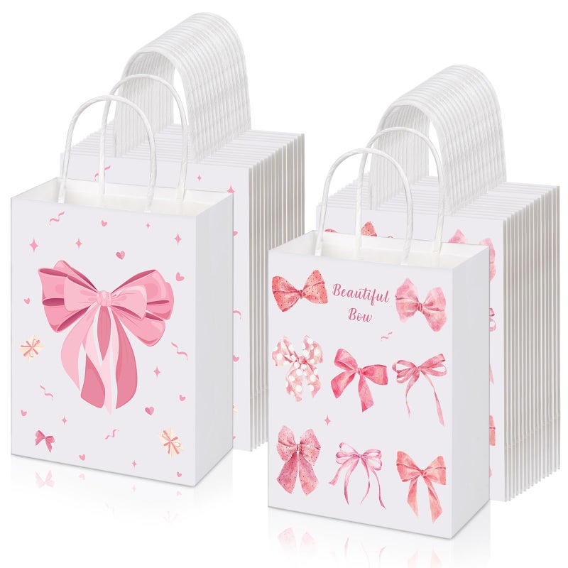 FACULX 30 Pcs Pink Bow Goodie Bags, Pink Paper Coquette Bowknot Party Favor Bags for Birthday&Bachelorette Party Decoration, Bow Gift Pouches with Handles 8.3x5.9x3.1 Inch - Image 1