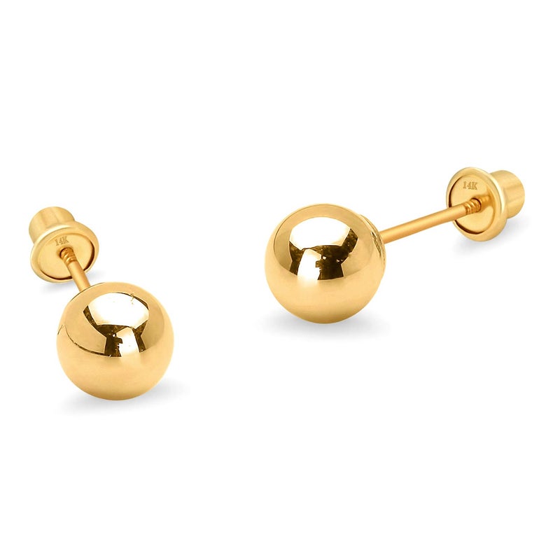 Lovearing 14k Yellow Gold 5mm Plain Hollow Gold Ball Children Screw Back Baby Girls Stud Earrings - Image 1