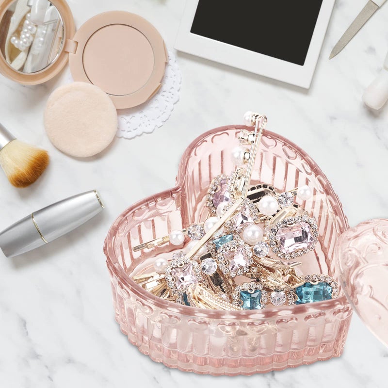 WHSLILR Glass Jewelry Box Heart Shape Cute Box for Storage Ring Earring Trinket Vintage Jewelry Organizer Decorative Gift for Women Girls-GRB003-Pink - Image 3