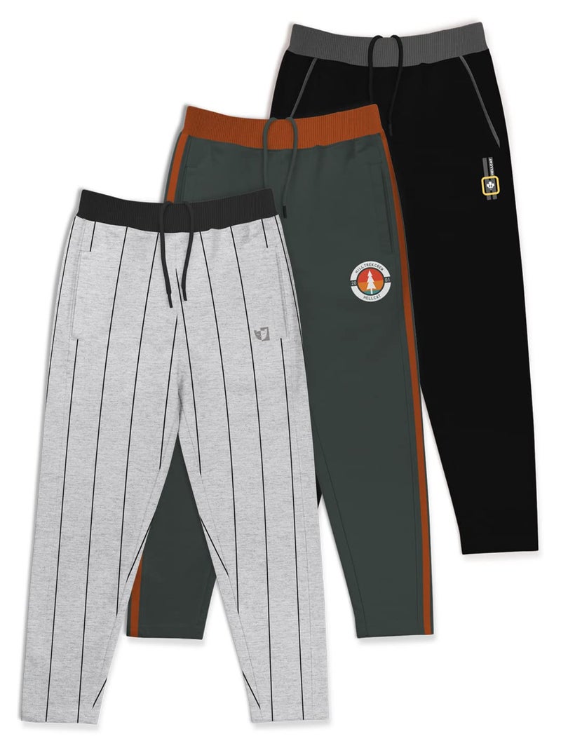 HELLCAT Boys Regular Fit Blended Cotton Stylish Track Mid Rise Pants - Pack of 3-Black/Grey_32(11-12Y), 11-12 Years - Image 1