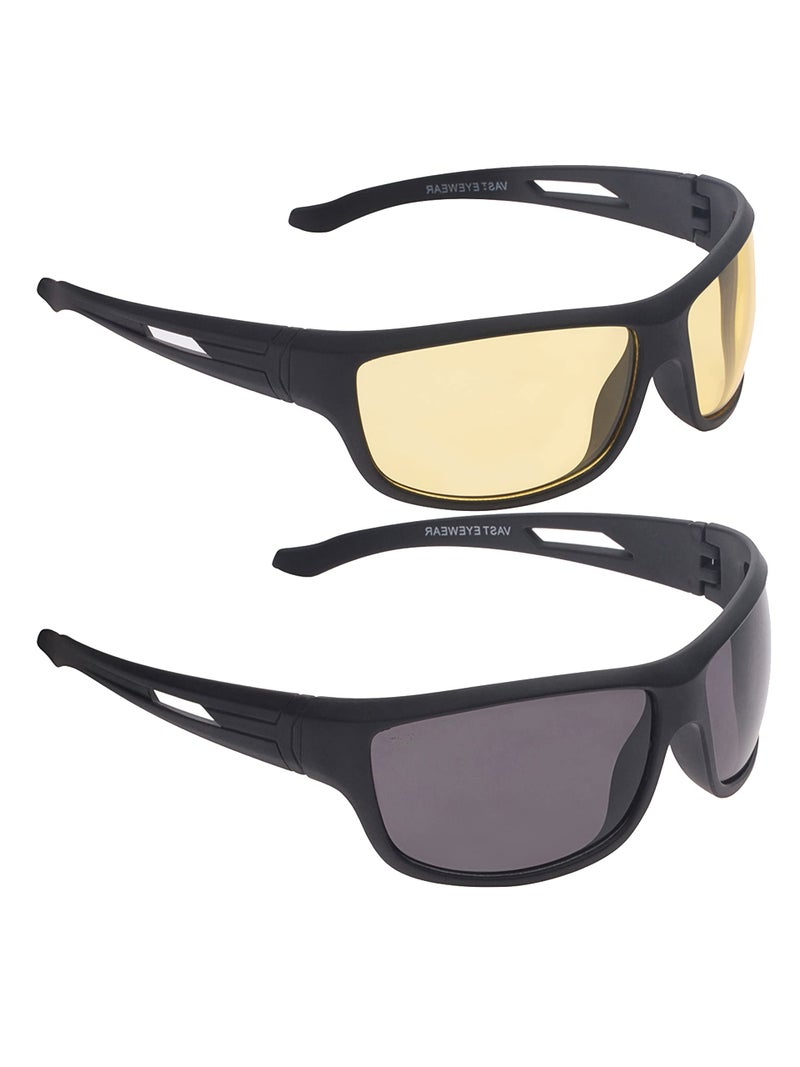Vast All Day Driving Unisex Wrap Around Non-Polarized Sunglasses (YK_BK), Yellow, Medium - Image 3