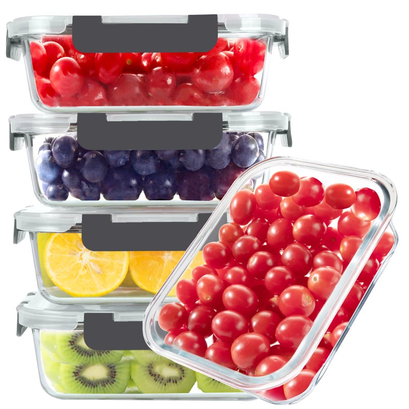 BAYZZ Glass Food Storage Containers 5 Pack 35 Oz Glass Meal Prep Containers Lunch Boxes with Airtight BPAFree Lids Microwave Freezer and Dishwasher Safe