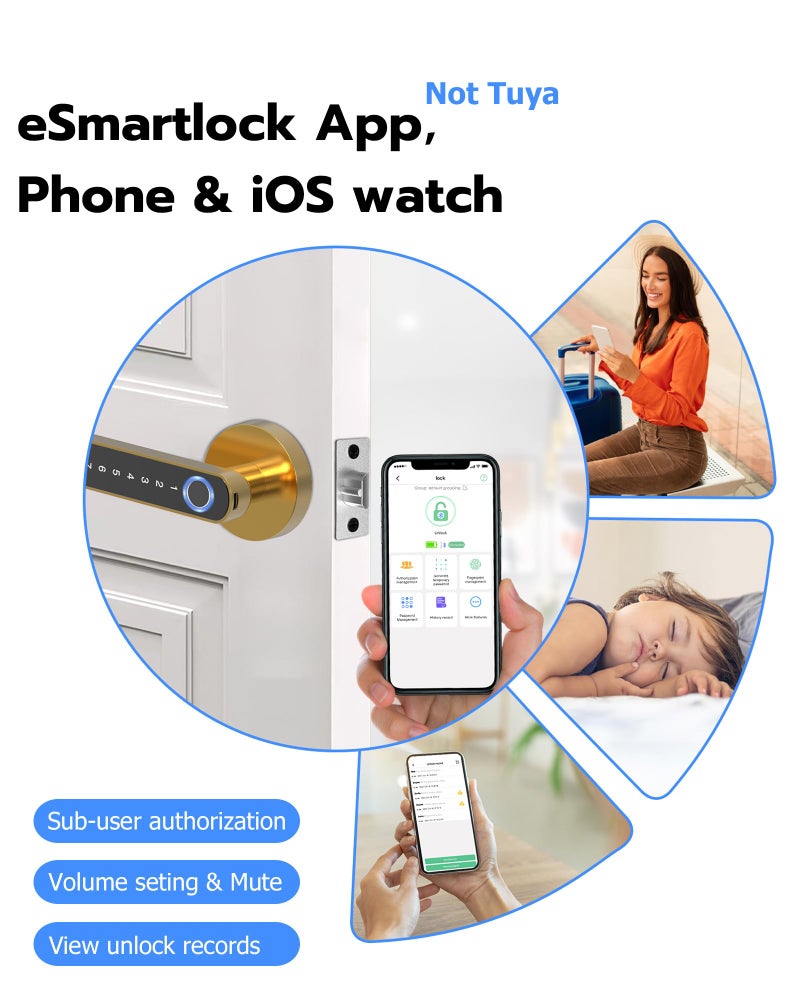 Elinksmart Fingerprint Handle Door Lock Smart Door Lock Levers Elinksmart Digital Keyless Entry Door Knob Watch App Open Knob Lock For Bedroom Gold - Image 4