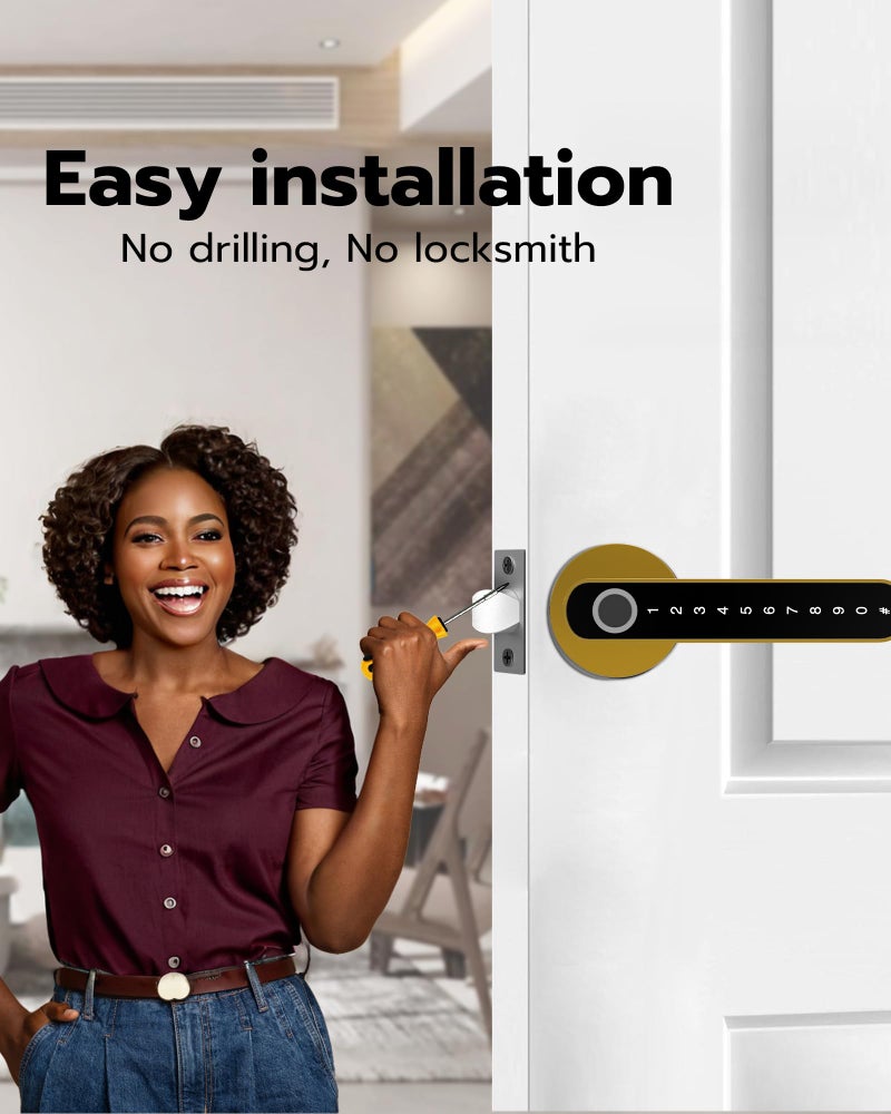 Elinksmart Fingerprint Handle Door Lock Smart Door Lock Levers Elinksmart Digital Keyless Entry Door Knob Watch App Open Knob Lock For Bedroom Gold - Image 5