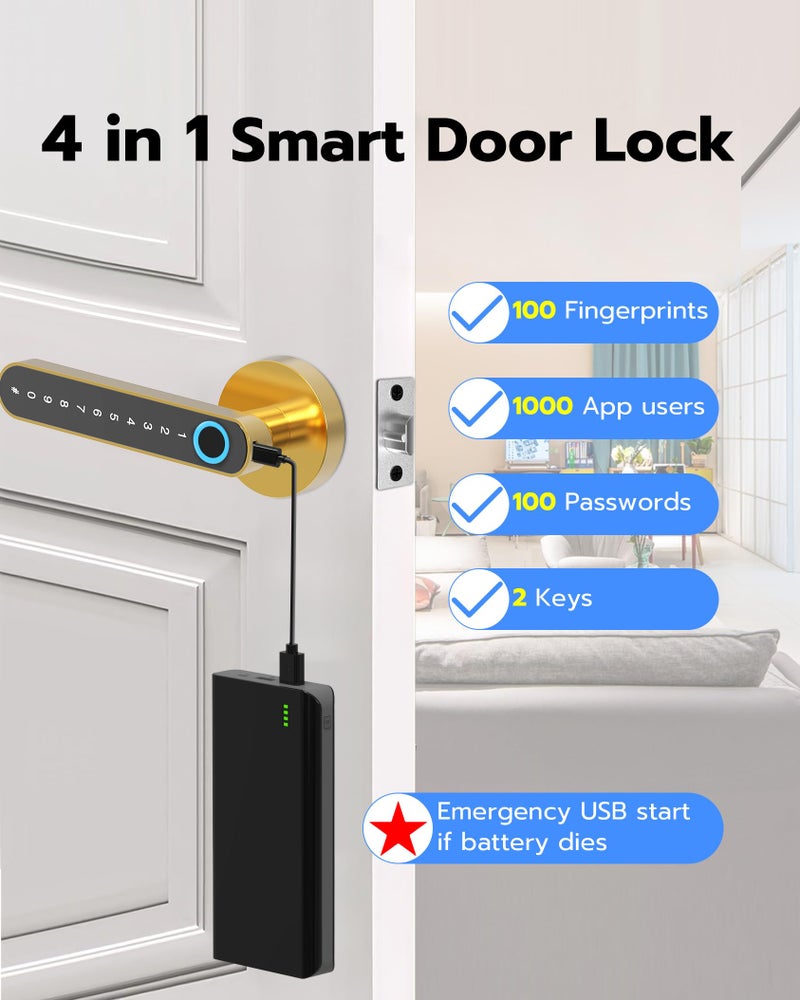 Elinksmart Fingerprint Handle Door Lock Smart Door Lock Levers Elinksmart Digital Keyless Entry Door Knob Watch App Open Knob Lock For Bedroom Gold - Image 3