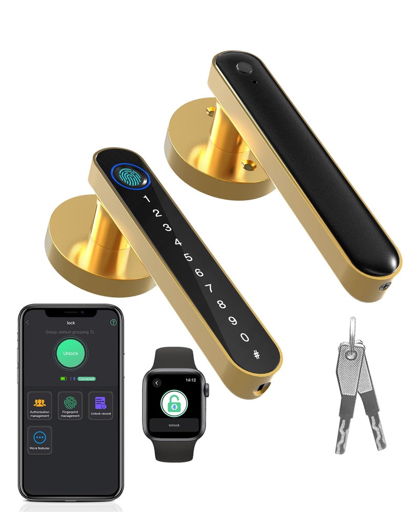 Elinksmart Fingerprint Handle Door Lock Smart Door Lock Levers Elinksmart Digital Keyless Entry Door Knob Watch App Open Knob Lock For Bedroom Gold - Image 1