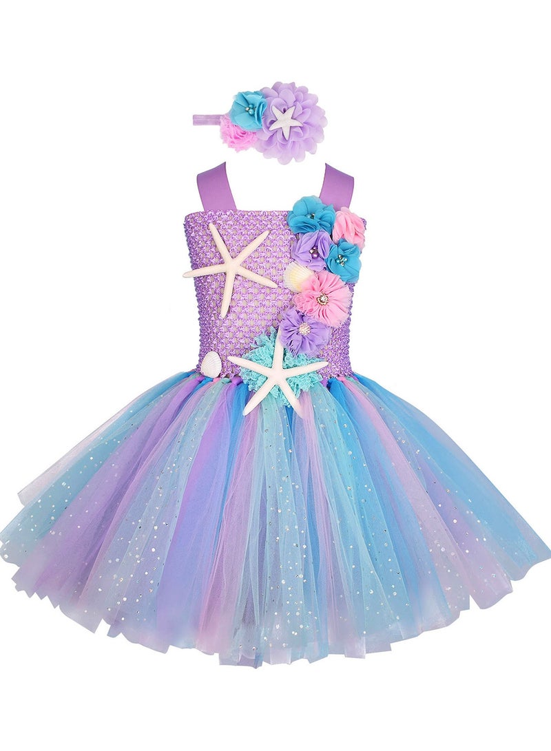 CALL PLAY Mermaid Tutu Dress with Hairband ，Girls Mermaid Birthday Party Princess Dress， Eid Costume Outfits Toddler Kids Mermaid Starfish Tulle Tutu Skirt (3-10Years, Light Purple) - Image 1