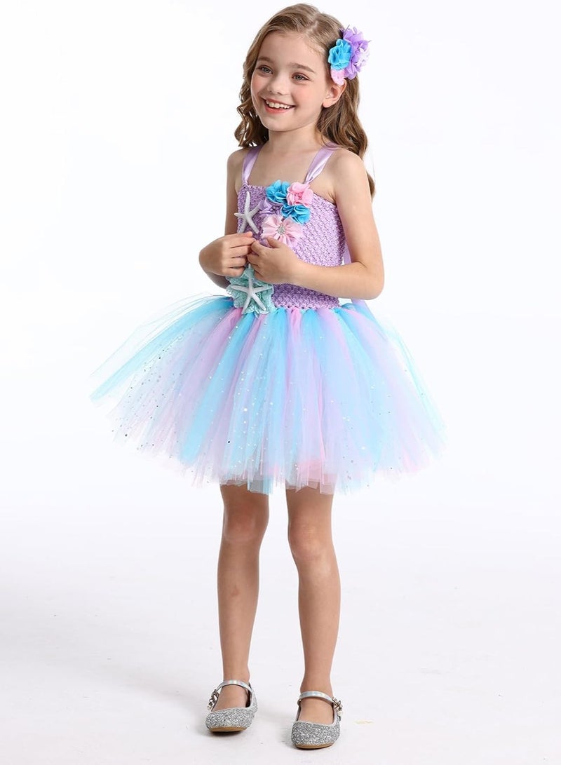 CALL PLAY Mermaid Tutu Dress with Hairband ，Girls Mermaid Birthday Party Princess Dress， Eid Costume Outfits Toddler Kids Mermaid Starfish Tulle Tutu Skirt (3-10Years, Light Purple) - Image 2