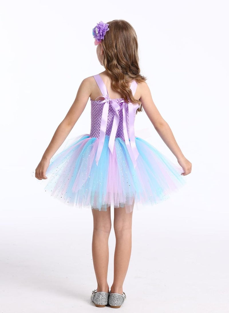 CALL PLAY Mermaid Tutu Dress with Hairband ，Girls Mermaid Birthday Party Princess Dress， Eid Costume Outfits Toddler Kids Mermaid Starfish Tulle Tutu Skirt (3-10Years, Light Purple) - Image 3