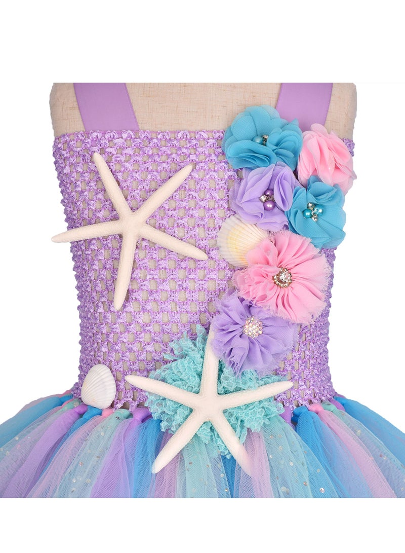 CALL PLAY Mermaid Tutu Dress with Hairband ，Girls Mermaid Birthday Party Princess Dress， Eid Costume Outfits Toddler Kids Mermaid Starfish Tulle Tutu Skirt (3-10Years, Light Purple) - Image 4