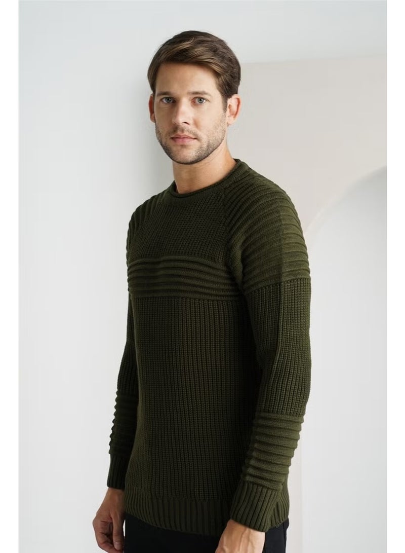 Cool Tarz Cool Style Men's Khaki Ribbed Crew Neck Knitwear SWEATER-TRZCM28888R12S - Image 2