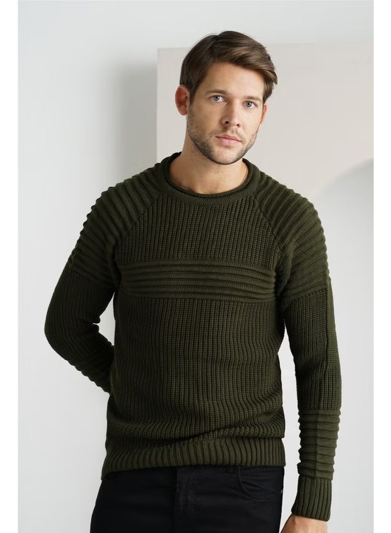Cool Tarz Cool Style Men's Khaki Ribbed Crew Neck Knitwear SWEATER-TRZCM28888R12S - Image 1