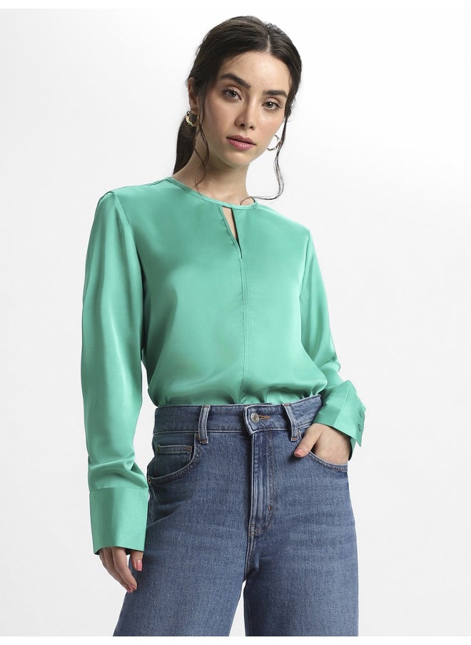Dennis Lingo Green Satin Crepe Top for Women, Regular Fit  - Image 3