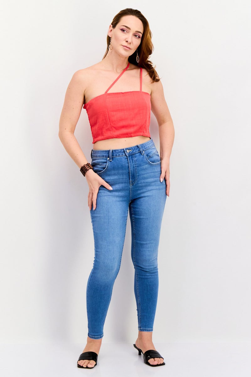 In the style Women Asymmetrical Neck Sleeveless Textured Top, Dark Coral - Image 3