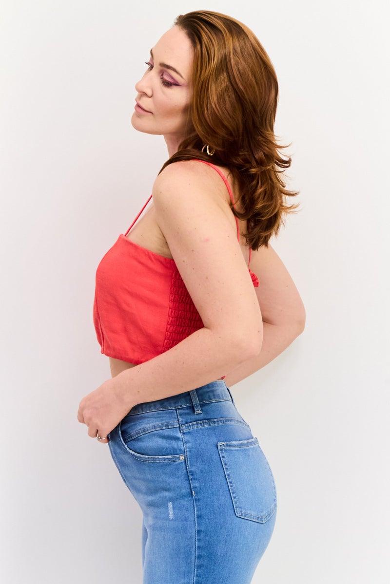 In the style Women Asymmetrical Neck Sleeveless Textured Top, Dark Coral - Image 2