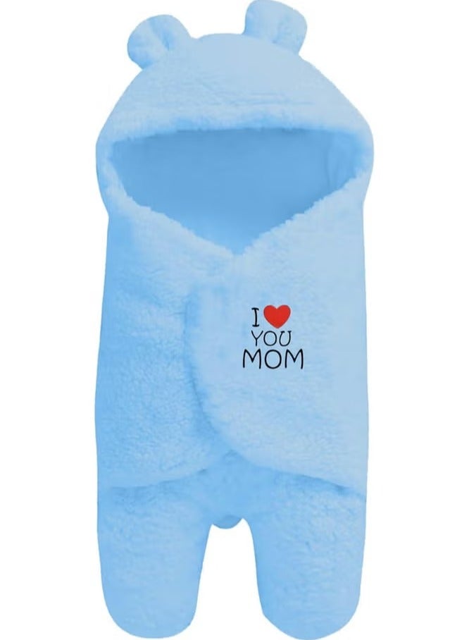 OYO BABY Newborn Hooded Baby Blanket with Embroidery – Wearable Wrapper Sleeping Bag (0-6 Months, Blue, I Love MOM) - Image 1