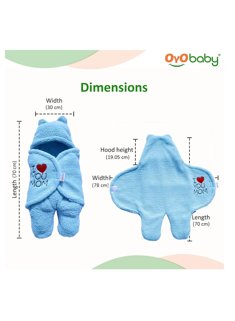 OYO BABY Newborn Hooded Baby Blanket with Embroidery – Wearable Wrapper Sleeping Bag (0-6 Months, Blue, I Love MOM) - Image 5