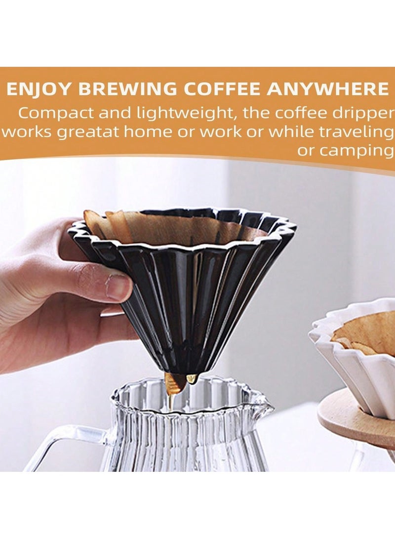 قمع تقطير القهوة من البورسلين بتصميم مضلع مع قاعدة من الخشب الطبيعي - بلون أسود جذاب - مقاس 01  لتحضير 1-2 كوب من القهوة المقطرة والمختصة باحترافيه واتقان - Image 4