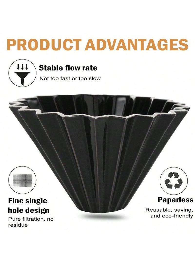 قمع تقطير القهوة من البورسلين بتصميم مضلع مع قاعدة من الخشب الطبيعي - بلون أسود جذاب - مقاس 01  لتحضير 1-2 كوب من القهوة المقطرة والمختصة باحترافيه واتقان - Image 5