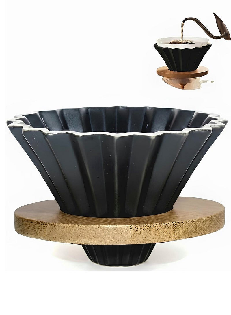 قمع تقطير القهوة من البورسلين بتصميم مضلع مع قاعدة من الخشب الطبيعي - بلون أسود جذاب - مقاس 01  لتحضير 1-2 كوب من القهوة المقطرة والمختصة باحترافيه واتقان - Image 1