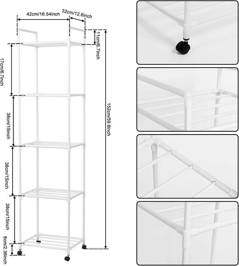 windforgecraft Kitchen Storage Shelf Standing Bakers Rack Adjustable Rolling Shelving Unit Kitchen Storage & Organisation Mobile Kitchen Rack Shelves Storage for Pantry Laundry Bathroom Kitchen (White 5 Layers) - Image 2