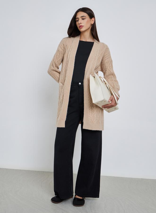 Take Two Beige Knitted Knee Length Cardigan Sweater - Image 1