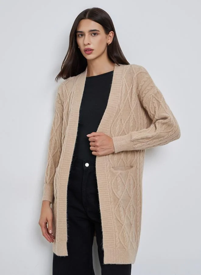 Take Two Take Two Beige Knitted Knee Length Cardigan Sweater